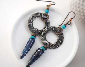 Artisan Stamped Solder Hoop Earrings, Blue Lampwork Spike Earrings, Metal Boho Chic Earrings, OOAK Rustic Bohemian Earring, Clearance