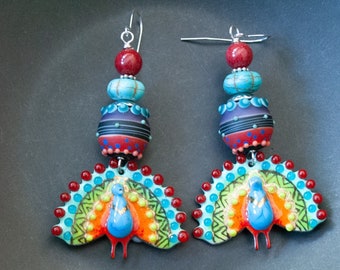 Colorful Peacock Earrings, Artisan Hand Torched Enamel Earrings, Striped Lampwork Glass Earrings, Gold Accented Earrings, Eye Catching OOAK