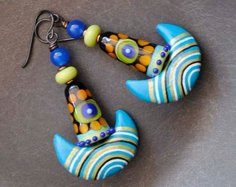 Blue Polymer Earrings, Striped Earrings, Evil Eye Earrings, Lampwork Earrings, Funky Modern Earrings, Spotted, OOAK, Crescent Earrings