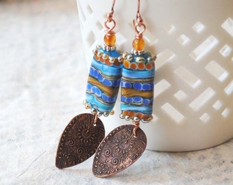 Ethnic Earrings, Artisan Copper Earrings, Boho Chic Jewelry, Striped, Teardrop, Blue Earrings, Intricate Textured Earrings, OOAK, Clearance