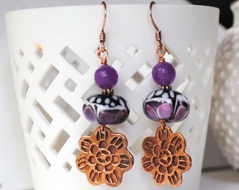 Flower Earrings, Purple Earrings, Lampwork Earrings, Glass Bead Earrings, Butterfly Earrings, Garden Earrings, Nature Inspired Earrings