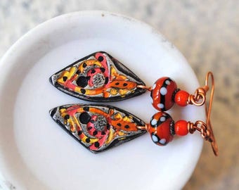 Halloween Earrings, Orange Butterfly Wing Earrings, Black Polka Dot Earrings, Artisan Pewter Earrings, Lampwork Glass Earrings, OOAK