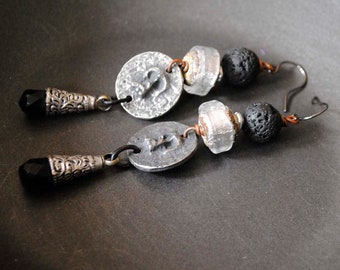 Gothic Halloween Skulls OOAK Macabre Eerie Sparkling Dichroic Lampwork Earrings Day of Dead Black Teardrop Rustic Pewter Skull Earrings