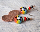 Etched Copper Sugar Skull Earrings, Colorful Rainbow Lampwork Earrings, Halloween Flower Earrings, Day of Dead Teardrop Skull Earrings