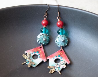 Red Birdhouse Earrings, Artisan Enamel Earrings, Brass Dragonfly Earrings, Blue Floral Earrings, Whimsical Charming Earrings, OOAK