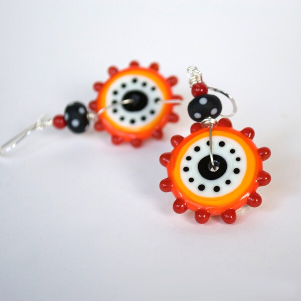 Halloween Earrings, Large Earrings, Disc Earrings, Lampwork Glass Earrings, Glass Bead Earrings, Wheel Earrings, Polka Dot Earrings