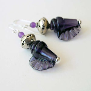 Conch Shell Earrings, Nautical Earrings, Purple Shell Earrings, Beaded Earrings, Ocean Beach Earrings, Dark Purple Lampwork Glass Earrings, image 2