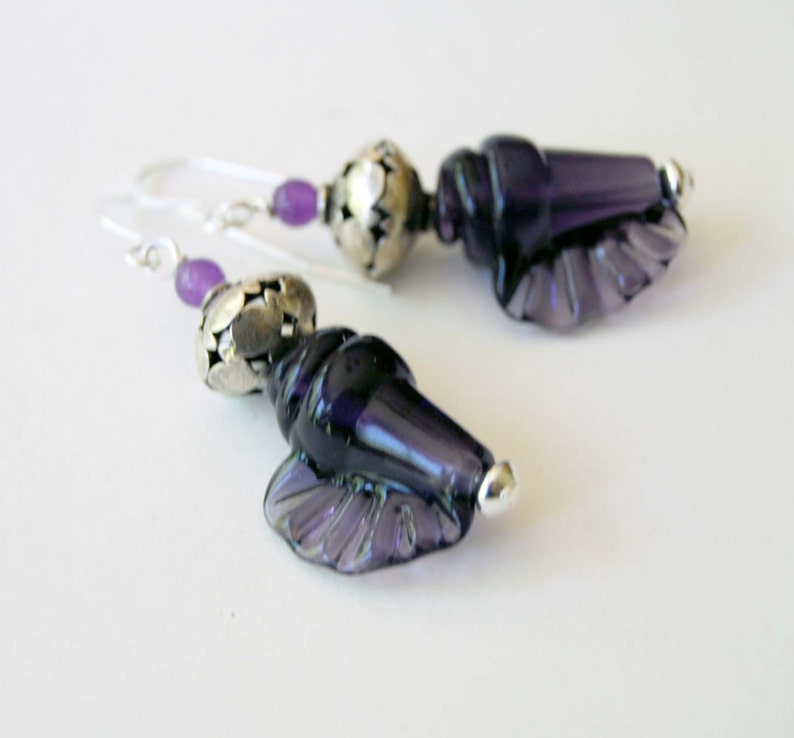 Conch Shell Earrings, Nautical Earrings, Purple Shell Earrings, Beaded Earrings, Ocean Beach Earrings, Dark Purple Lampwork Glass Earrings, image 2