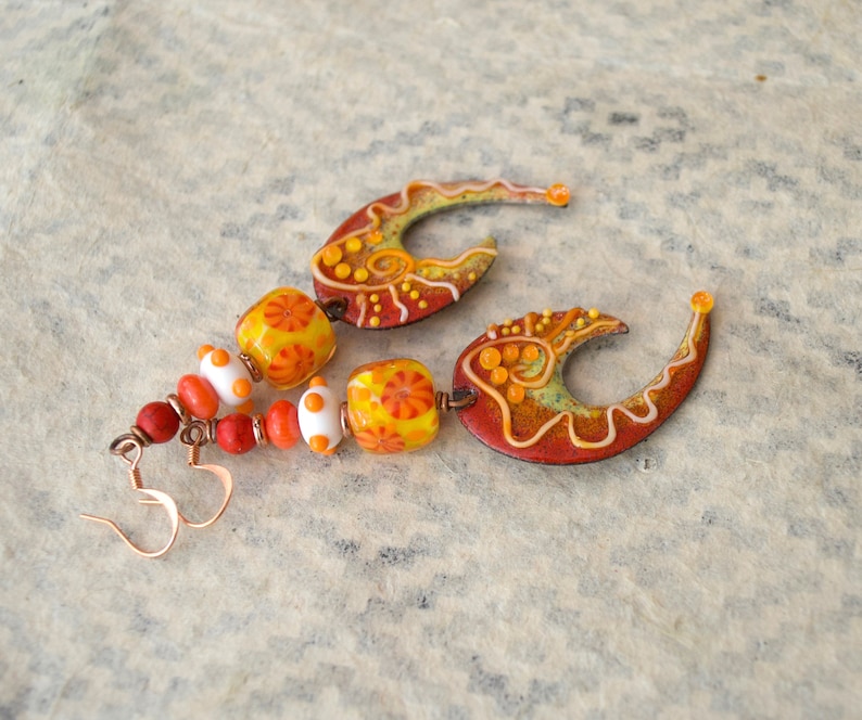 Funky Bold U Earrings Orange Hook Shaped Enamel Earrings Spotted Earrings Eye Catching Statement Earrings Artisan Lampwork Earrings