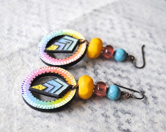 Colorful Pastel Earrings, Hand Painted Pyrography Earrings, Yellow Lampwork Bead Earrings, Chevron Spotted Earrings, OOAK Light Weight