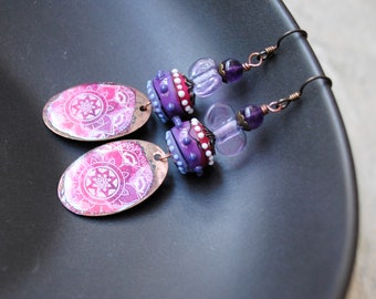 Hot Pink Lotus Earrings, Artisan Enamel Earrings, Bohemian Floral Earrings, Spotted Purple Lampwork Earrings, Hippie Girlfriend Gift, OOAK