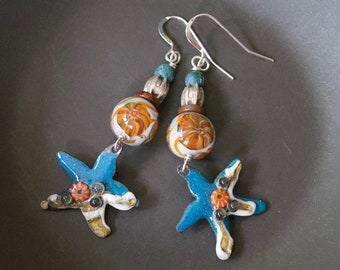 Blue Starfish Earrings, Artisan Enamel Earrings, Beach Resort Wear Jewelry, Marine Life Earrings, Lampwork Glass Earrings, Tropical Ocean