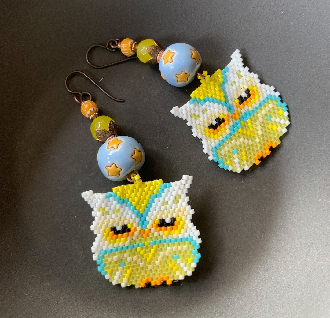 Beaded Owl Earrings, Yellow Owl Earrings, Beaded Bird Earrings
