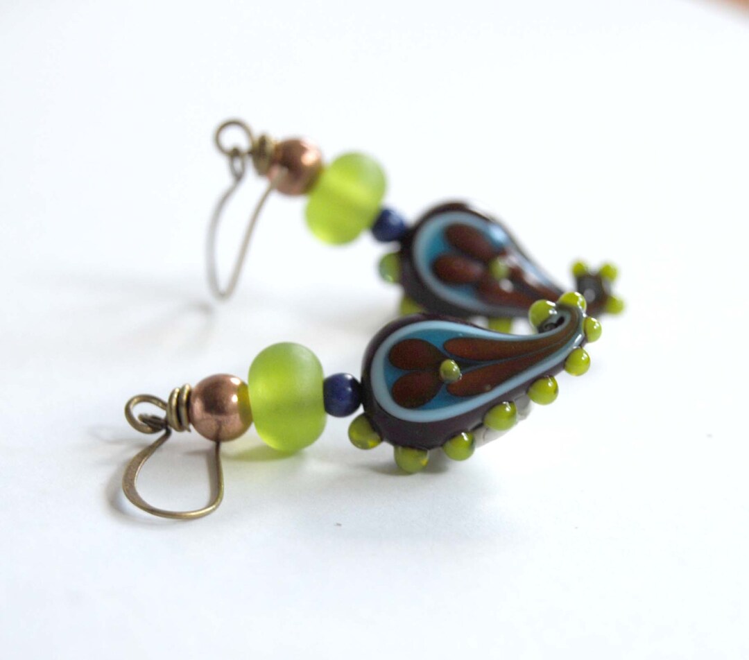 Paisley Earrings, Greennblue Purple Earrings, Lampwork Glass Earrings ...