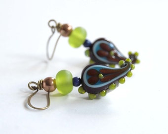 Paisley Earrings, GreennBlue Purple Earrings, Lampwork Glass Earrings, Beaded Earrings, Unique Earrings, Colorful Funky Earrings