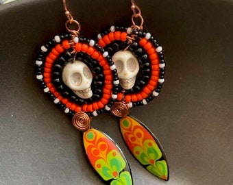 Day of Dead Skull Earrings, French Beaded Earrings, Halloween Skull Earrings, Colorful Hand Painted Plexiglass Earrings, Abstract, Clearance