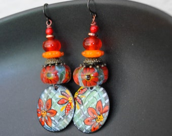 Red Daisy Earrings, Artisan Enamel, Feminine Flower Earrings, Sweetheart Gift, Floral Lampwork Glass Bead Earrings, OOAK