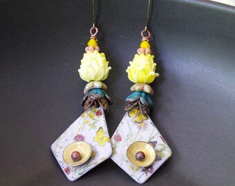 Yellow Flower Earrings, Artisan Enamel Earrings, Triangular Earrings, Poetic Romantic Floral, Nature Lover Gift, OOAK Unique Botanical