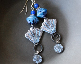 Blue Fan Earrings, Artisan Polymer Earrings, Swirled Lampwork Glass Bead Earrings, Floral Drops, Long Earrings, OOAK, Stocking Stuffers