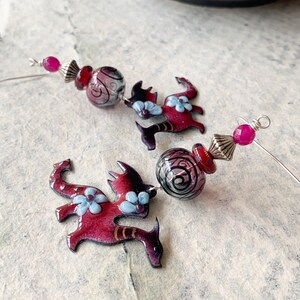 Purple Enamel Dragon Earrings, Artisan Earrings, Fantasy Cosplay Dangles, Gift For Girlfriend, Floral Dragon, Black Spiral Earrings, OOAK image 4