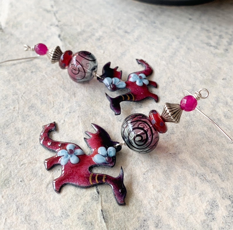 Purple Enamel Dragon Earrings, Artisan Earrings, Fantasy Cosplay Dangles, Gift For Girlfriend, Floral Dragon, Black Spiral Earrings, OOAK image 4