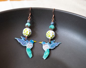 Hummingbird Earrings, Floral Artisan Enamel Earrings, Blue Bird Earrings, Flower Earrings, Feminine Spring Earrings OOAK, Nature Lover Gift
