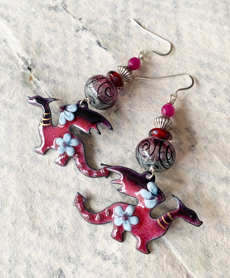 Purple Enamel Dragon Earrings, Artisan Earrings, Fantasy Cosplay Dangles, Gift For Girlfriend, Floral Dragon, Black Spiral Earrings, OOAK image 5