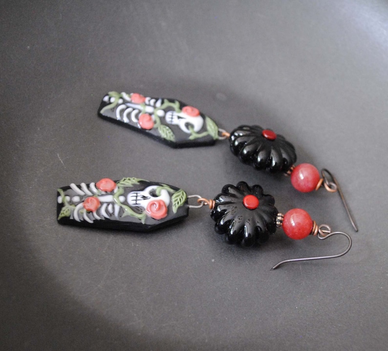 Black Lampwork Flower Earrings Black Coffin Earrings OOAK Spooky Red Rose Earrings Day of Dead Earrings Porcelain Skeleton Earrings