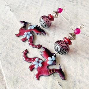 Purple Enamel Dragon Earrings, Artisan Earrings, Fantasy Cosplay Dangles, Gift For Girlfriend, Floral Dragon, Black Spiral Earrings, OOAK image 6