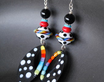 Funky Rainbow Earrings, Artisan Enamel Earrings, Modern Urban Earrings, Polka Dot Earrings, Spotted Striped Earrings, Colorful Zany Mod