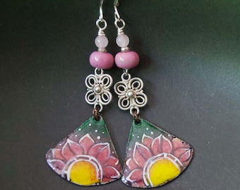 Pink Enamel Flower Earrings, Triangular Dahlia Earrings, Garden Party Earrings, Boho Daisy Earrings, OOAK, Mother's Day Gift, Clearance