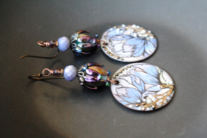 Purple Enamel Flower Earrings, Shiny Metallic Purple Rosebud Earrings, Floral Artisan Enamel Earrings, Lilac Earrings, Spring Earrings image 1