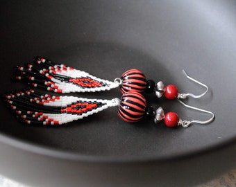 Red Black Ethnic Earrings, Triangular Hand Beaded Fringe Earrings, Native American Earrings, Long Geometric Earrings, Unique Artisan OOAK