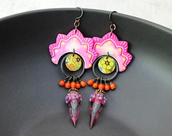 Pink Floral Earrings, Pink Spike Drops, Recycled Flower Tin Earrings, Fan Shaped Polymer Earrings, Artisan Lampwork Teardrop Earrings, OOAK