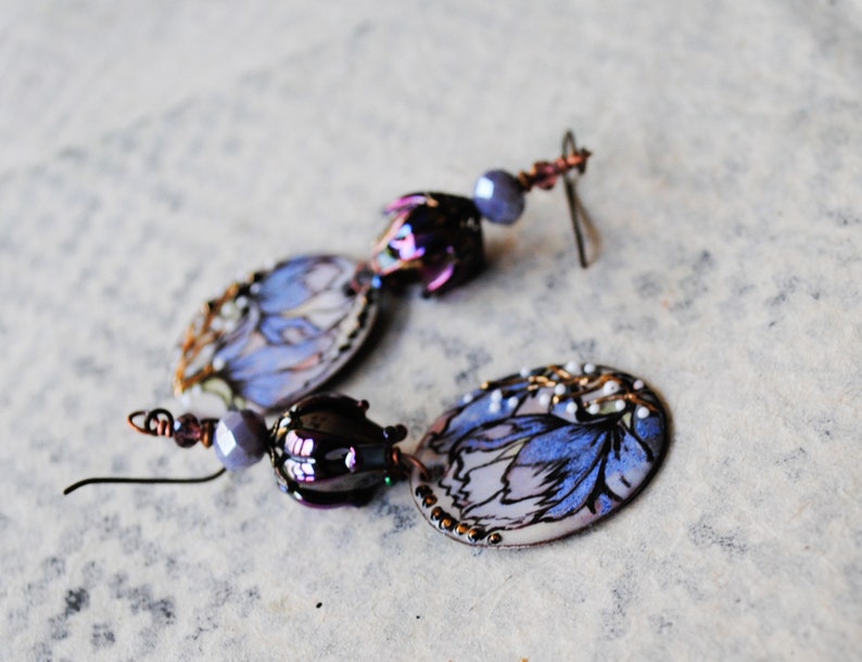 Purple Enamel Flower Earrings, Shiny Metallic Purple Rosebud Earrings, Floral Artisan Enamel Earrings, Lilac Earrings, Spring Earrings image 6