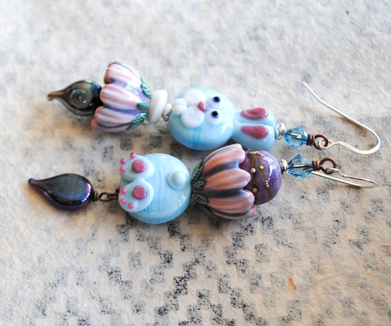 OOAK Pink Flower Earrings Artisan Ceramic Colorful Pastel Earrings Cute Easter Bunny Earrings Blue Rabbit Whimsical Rabbit Earrings