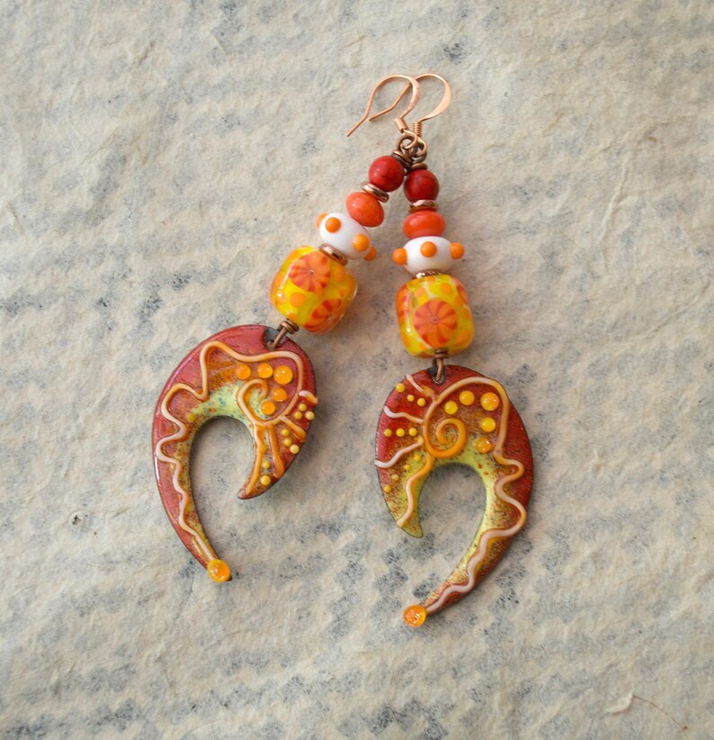 Funky Bold U Earrings Orange Hook Shaped Enamel Earrings Spotted Earrings Eye Catching Statement Earrings Artisan Lampwork Earrings