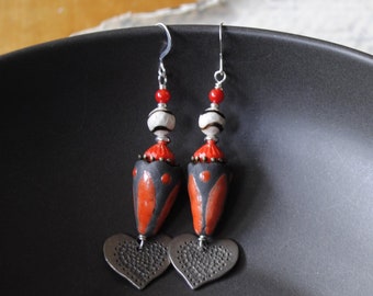 Pewter Valentine Heart Earrings, Red Black Artisan Ceramic Cone Earrings, Bohemian Sweetheart Earrings, OOAK Heart Earrings,