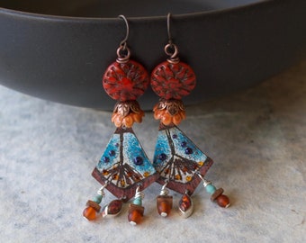 Bohemian Enamel Flower Earrings, Rustic Earthy Earrings, Blue Triangular Shaped Earrings, Nature Inspired