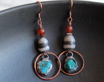 Soldered Turquoise Earrings, Bohemian Hoop Earrings, Artisan Ceramic Bell Shaped Earrings, Carnelian Stone Earrings, OOAK, Striped Earrings