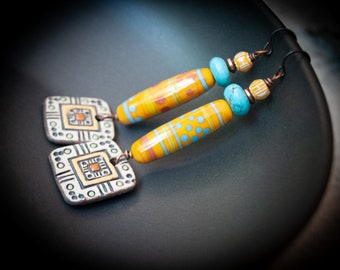 Geometric Ceramic Earrings, Elongated Striped Ethnic Earrings, Artisan Ceramic Earrings, Southwestern Earrings, Bohemian OOAK Tribal Drops