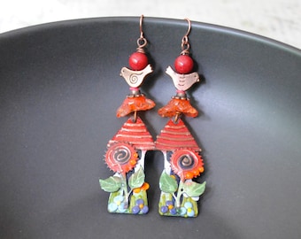 Magical Fairy House Earrings, Artisan Enamel, Whimsical Floral Woodland Earrings, Bird Earrings, Colorful Lampwork Earrings, OOAK