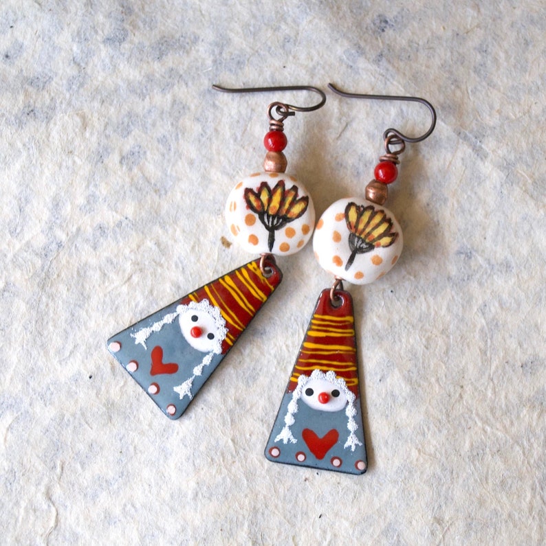 Gnome Enamel Earrings, Red Heart Earrings, Yellow Ceramic Flower Earrings, Triangular Shaped Earrings, Whimsical Gardener Gift image 2