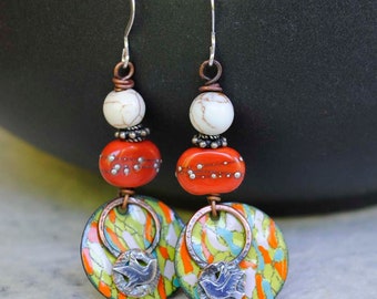 Bird Earrings, Enamel Earrings, Soldered Charm Earrings, Orange Green Earrings, Boho Chic, OOAK, Artisan Enamel Earrings, Clearance