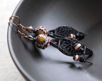 Floral Earrings, Artisan Ceramic Earrings, Boho Chic Jewelry, Black Earrings, OOAK, Lampwork Bead Earrings, Boho Chic, Flower Earrings