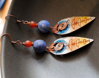 Ethnic Teardrop Earrings, Artisan Enamel Earrings, Tribal Geometric Earrings, Spiral Accents, Feminine Talisman Drops, Lapis Earrings, OOAK