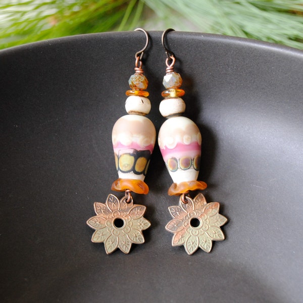 Bronze Floral Earrings, Lampwork Vase Earrings, Neutral Bohemian Earrings, OOAK Flower Earrings, Gift for Her, Everyday Earrings