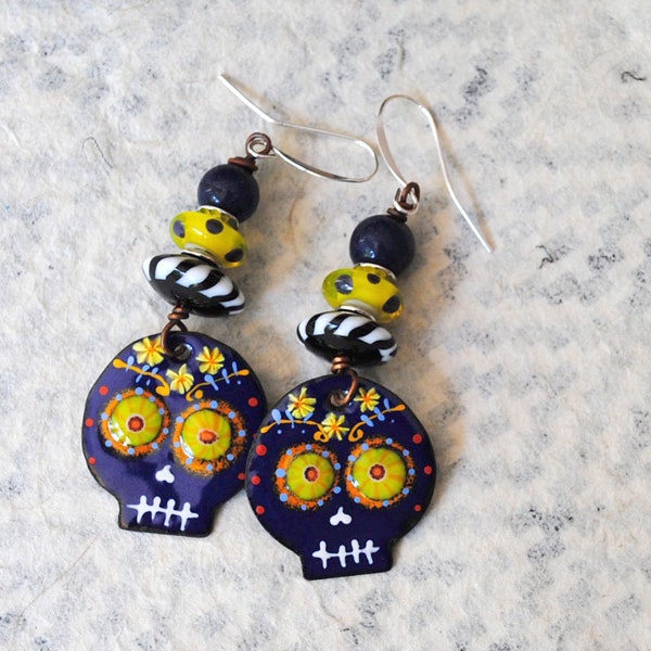 Sugar Skull Artisan Enamel Earrings, Blue Halloween Skull Earrings, Calaveras Jewelry, Day of Dead, Halloween Jewelry, Polka Dots Earrings