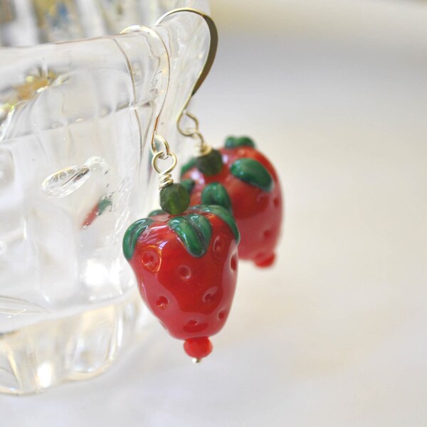 Strawberry Earrings - Red Lampwork Glass Earrings