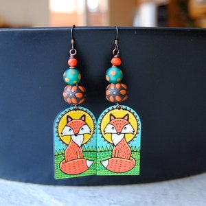 Orange Fox Earrings, Hand Painted Wood Earrings, Woodland Animal Lover Earrings, Light Weight, Floral Artisan Ceramic Jewelry
